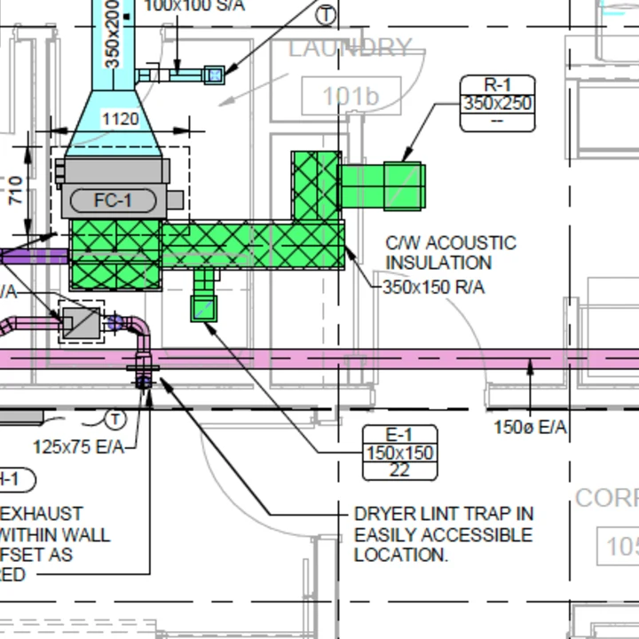 A mechanical drawing with a fan coil unit tagged FC-1 and its ductwork highlighted in green where the takeoff has detected it.