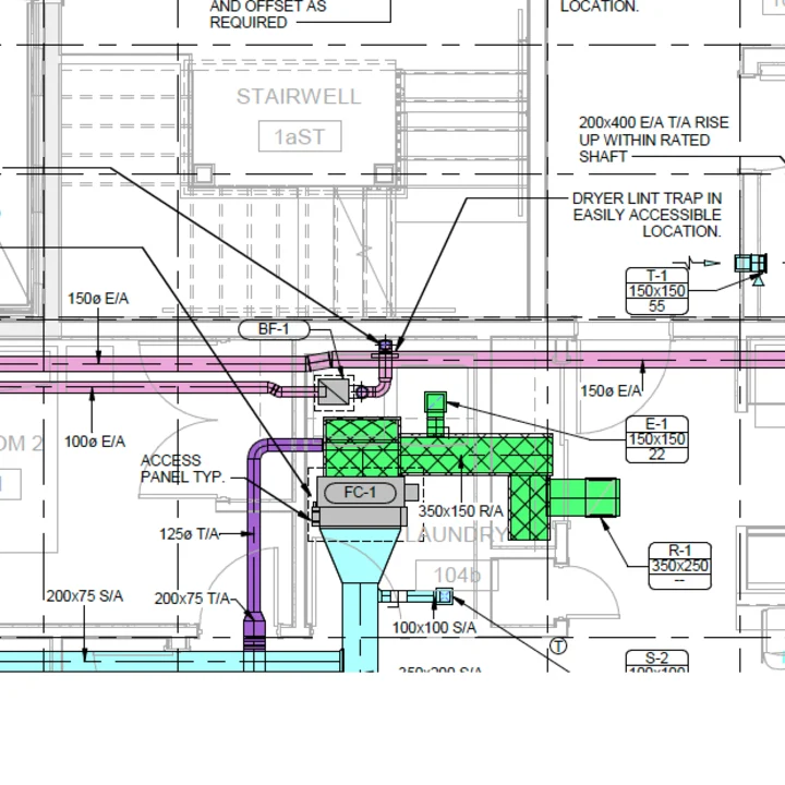 A mechanical drawing showing a fan coil unit tagged FC-1 with its ductwork highlighted in green, alongside callout tags for exhaust and return air devices.