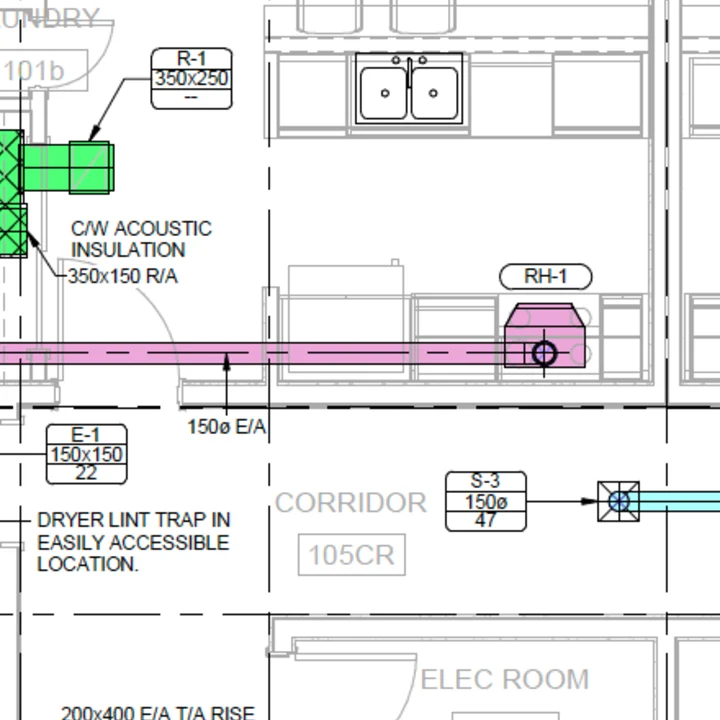 A mechanical floor plan showing equipment callout tags for a return grille, exhaust device and supply diffuser, each with its size and airflow noted.