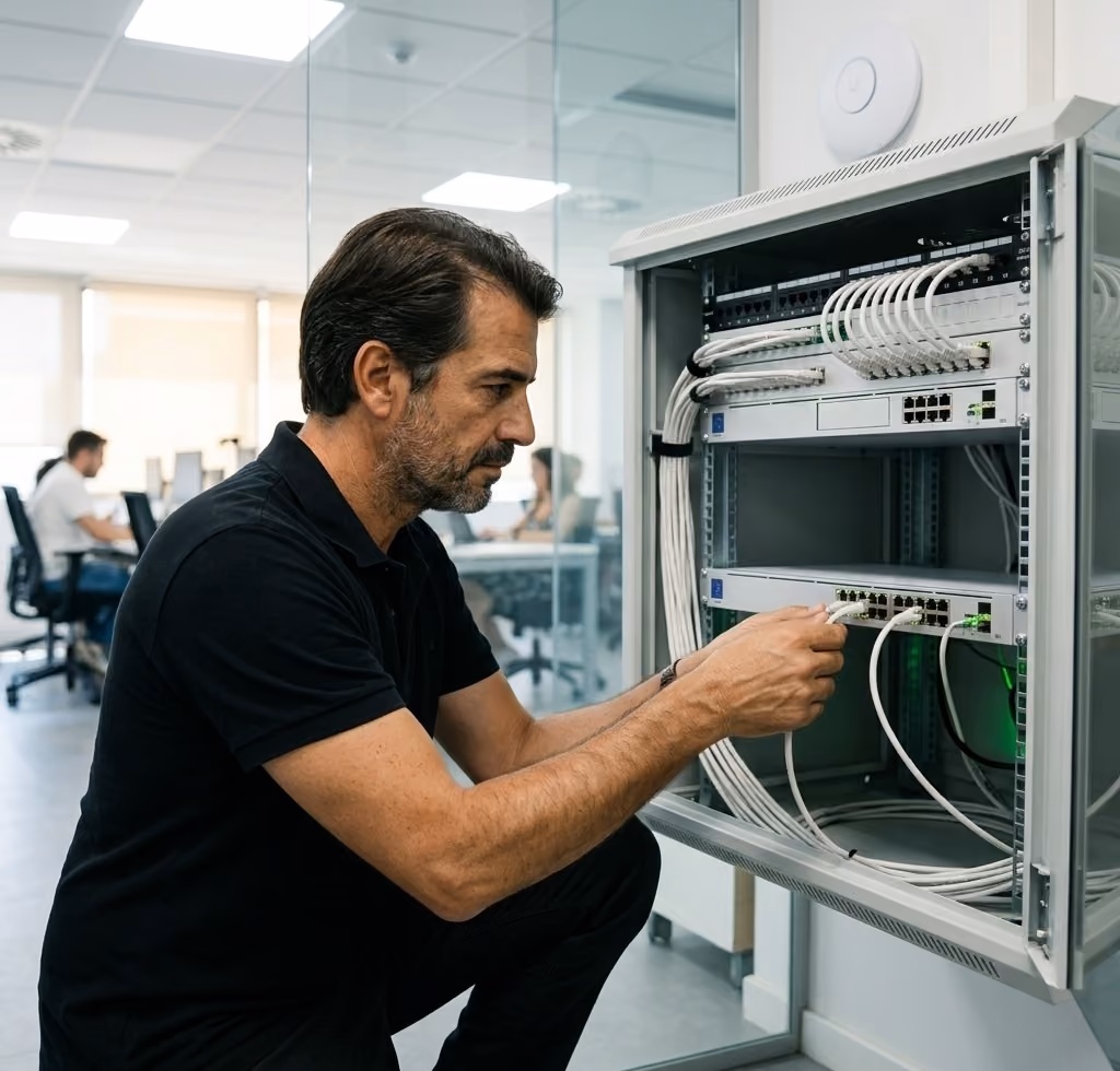 Techniker steckt ein weißes Patchkabel in den Switch eines Wand-Netzwerkschranks im Büro — KI-generiertes Bild