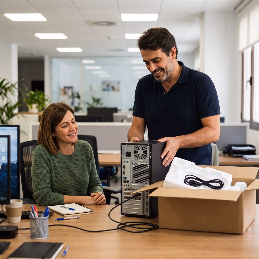 Techniker packt einen neuen Büro-PC aus und richtet den Arbeitsplatz einer Mitarbeiterin ein — KI-generiertes Bild