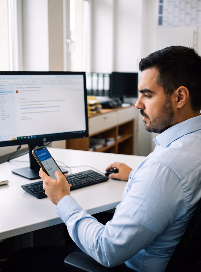 Schulungsthema Cybersicherheit: Eine verdächtige E-Mail bleibt ungeklickt, stattdessen wird der Code in der Authenticator-App geprüft — KI-generiertes Bild