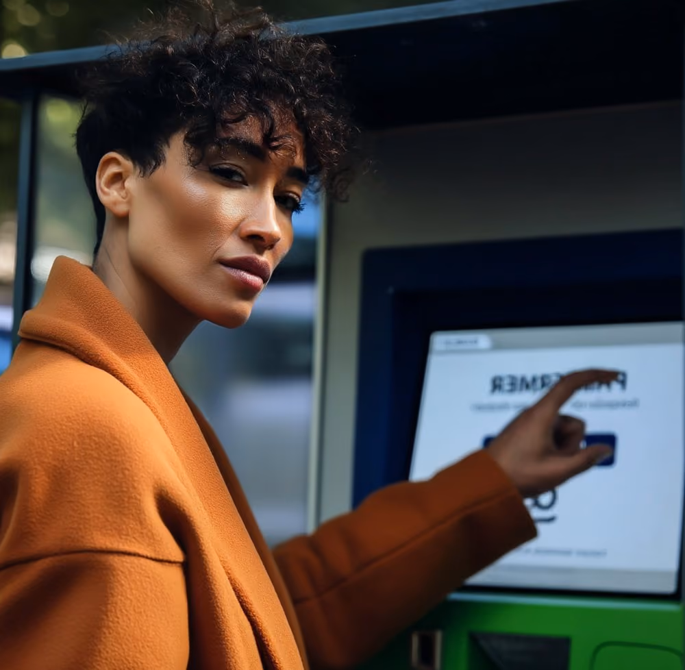 Frau im orangen Mantel am Parkautomaten