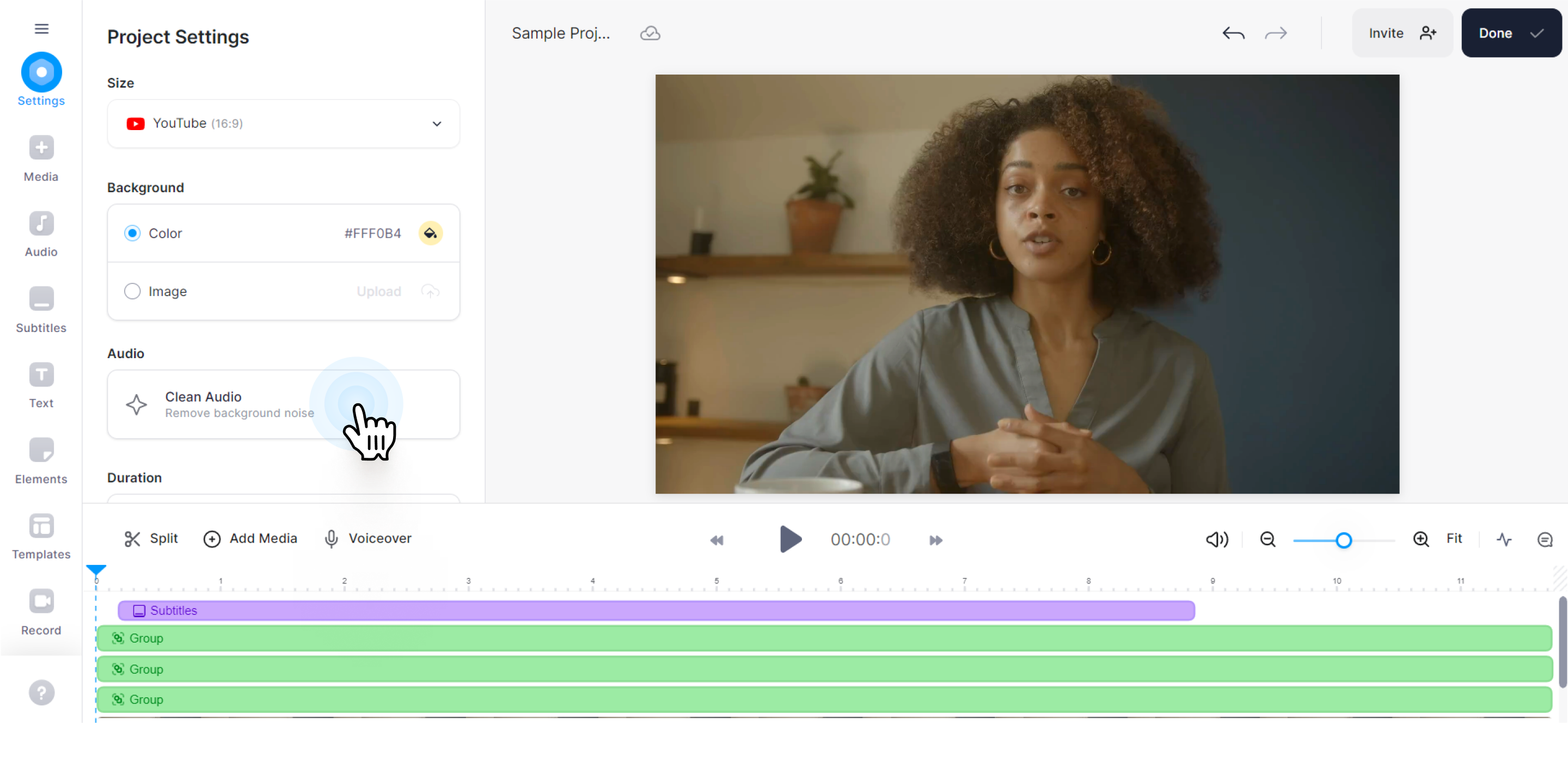 Screenshot of VEED's online editor with the Clean Audio feature highlighted.