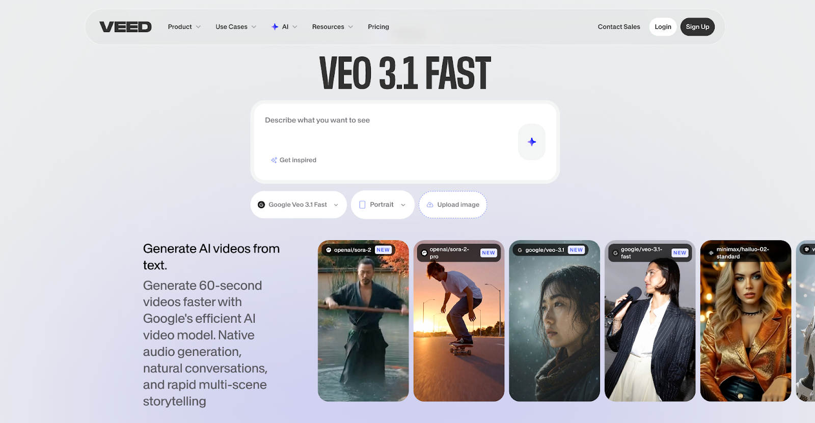 Veo 3.1 Fast landing page on VEED's website