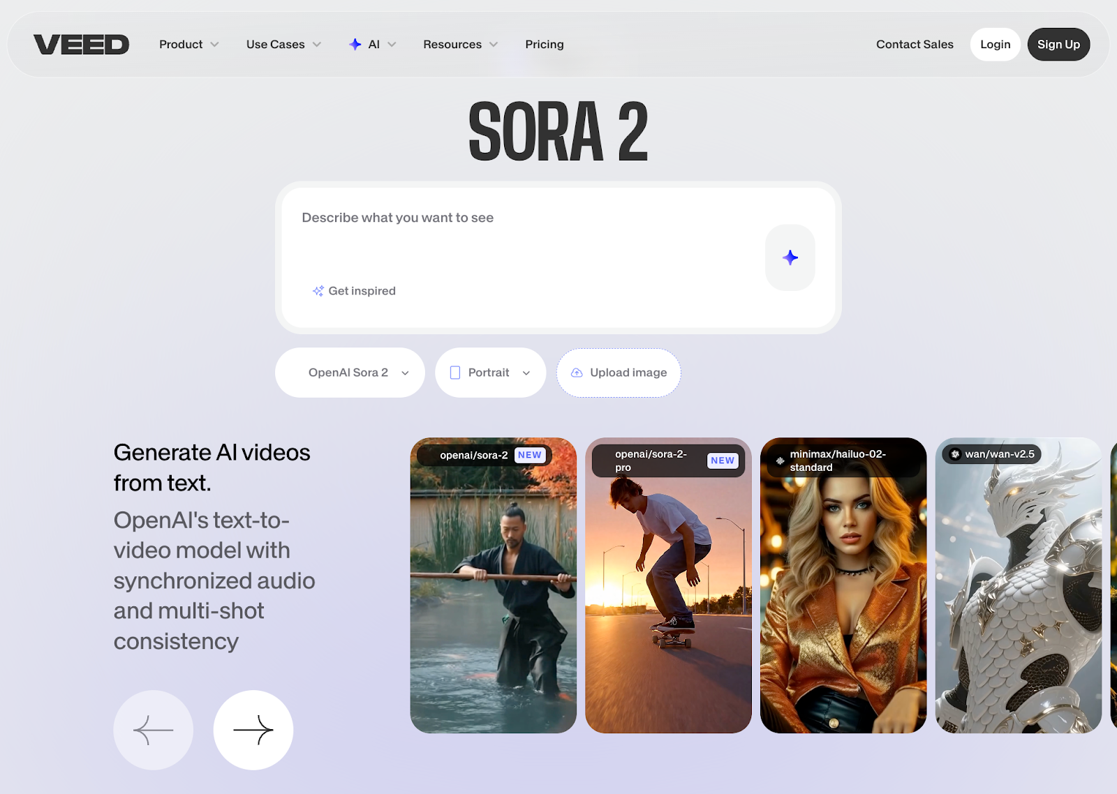 Sora 2's landing page on VEED's website