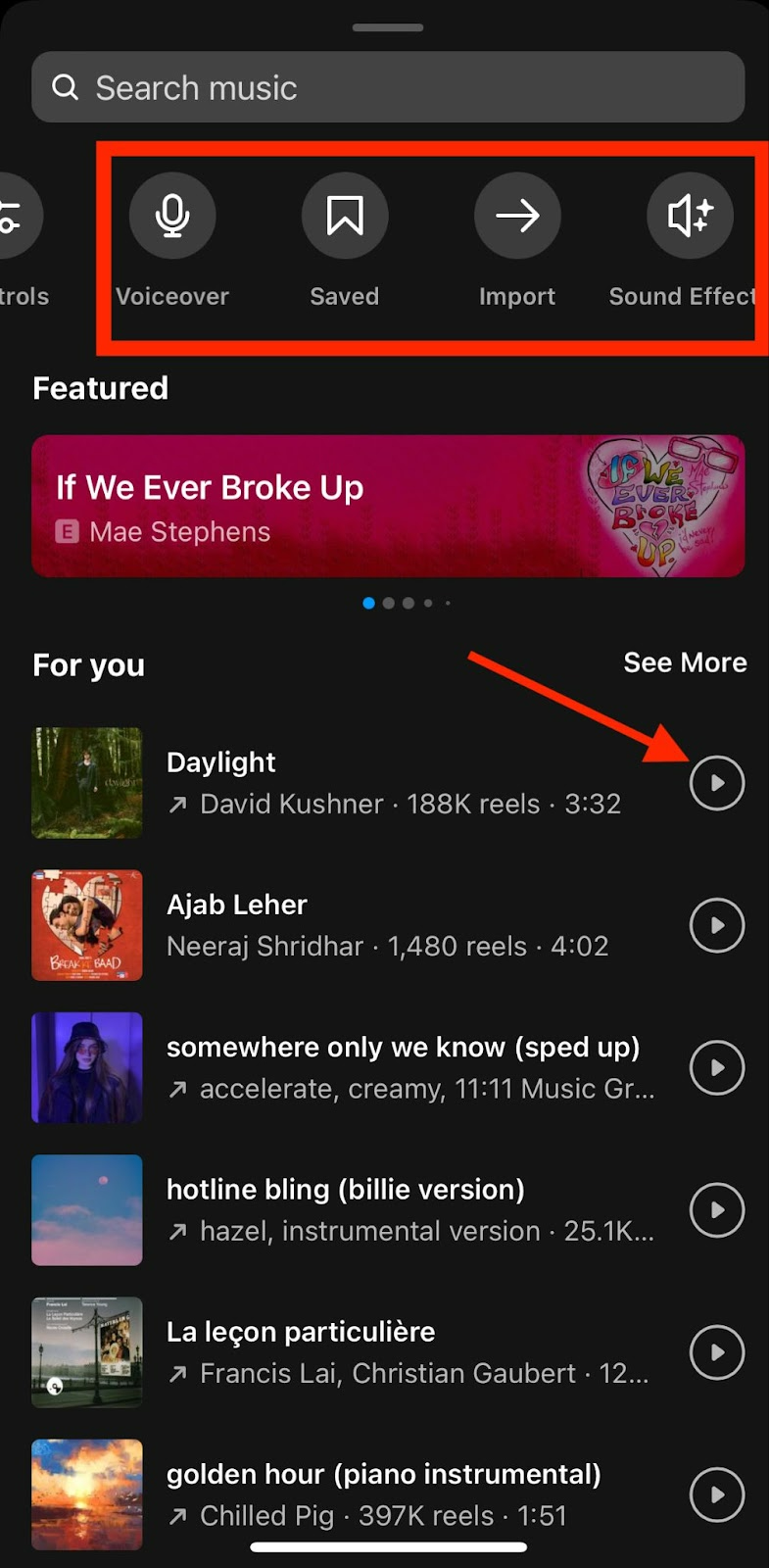 Screenshot of the audio options in Instagram's feed post maker.