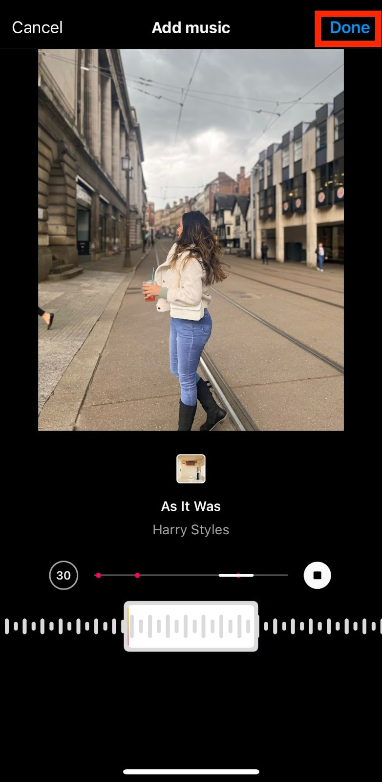 Snapshot of the Done icon in Instagram's native feed post maker.