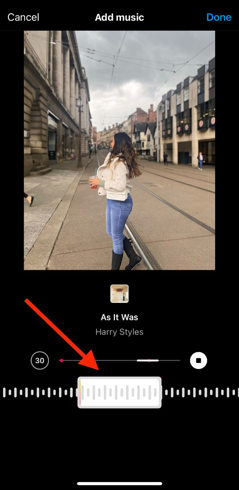Snapshot of how to choose a part of a song in Instagram's feed post maker.