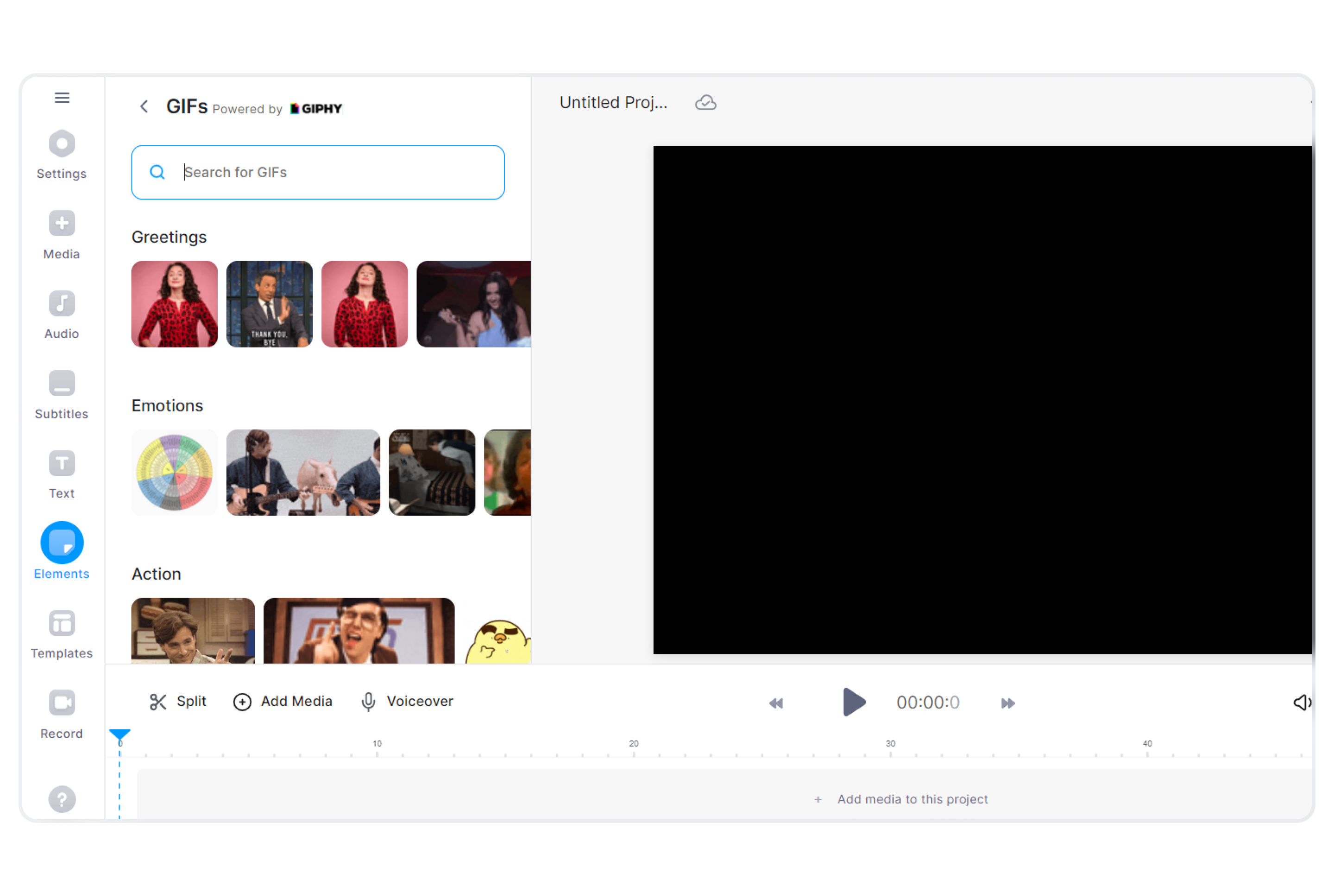 Screenshot of the VEED editor with the GIPHY bar open.