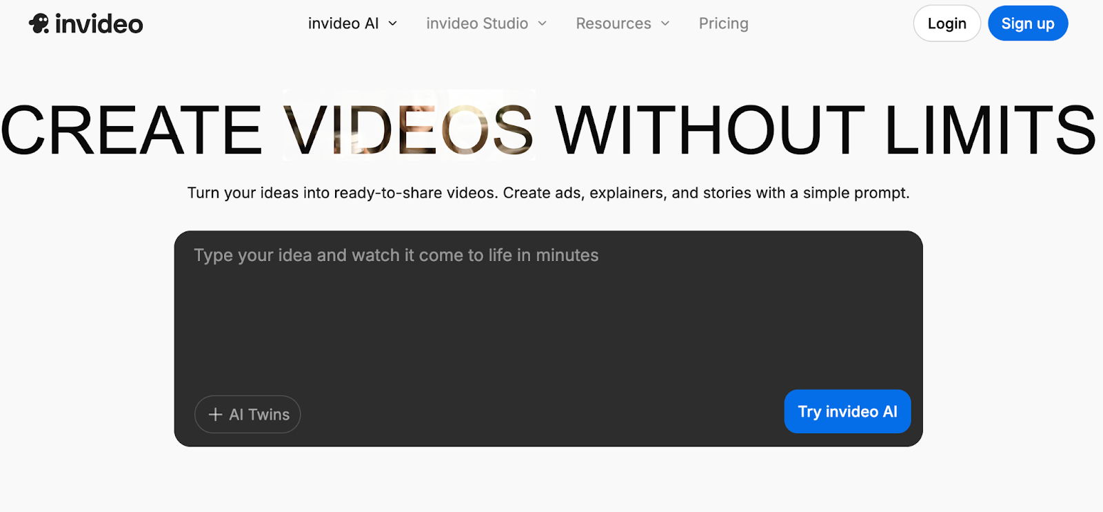 View of InVideo's landing page
