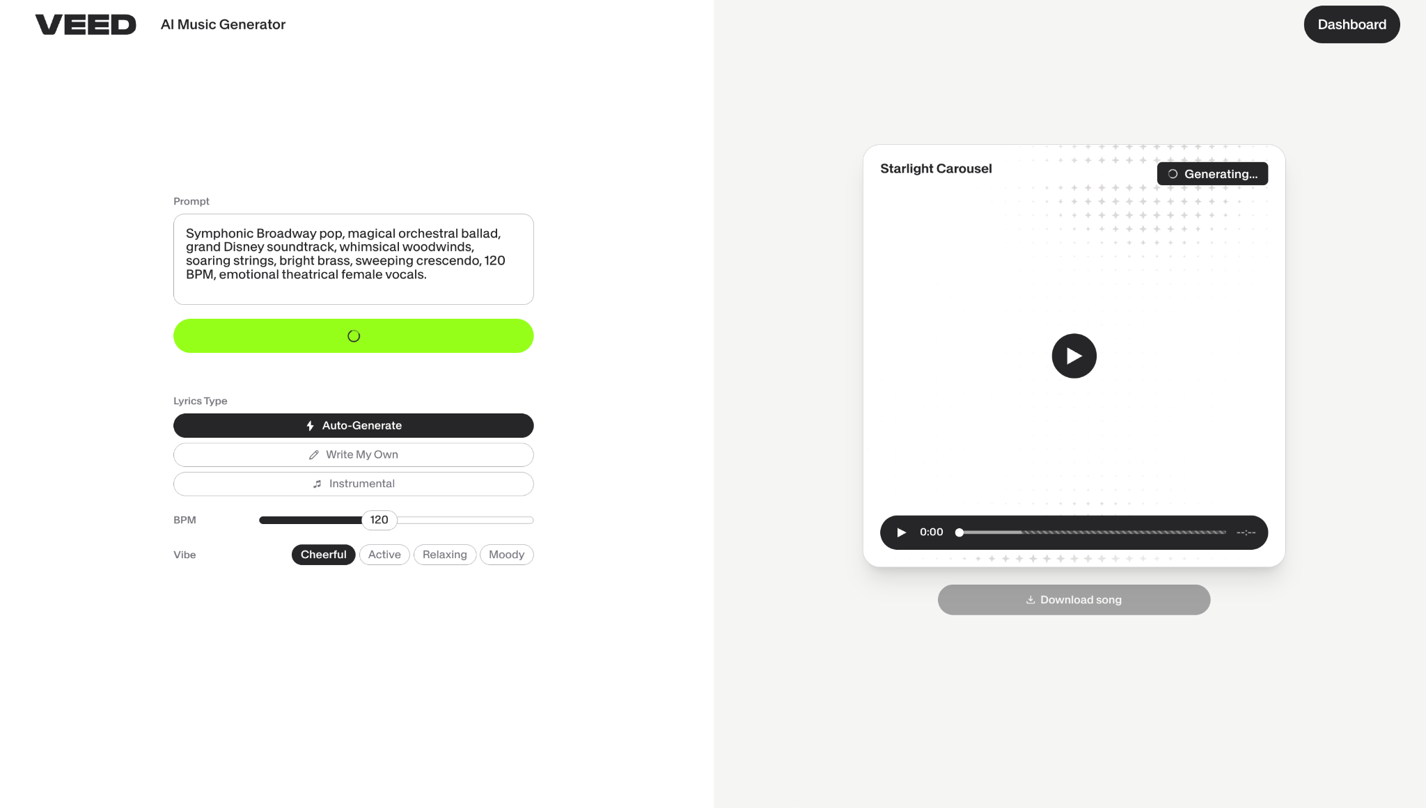 Prompt box in the AI Music Generator on VEED