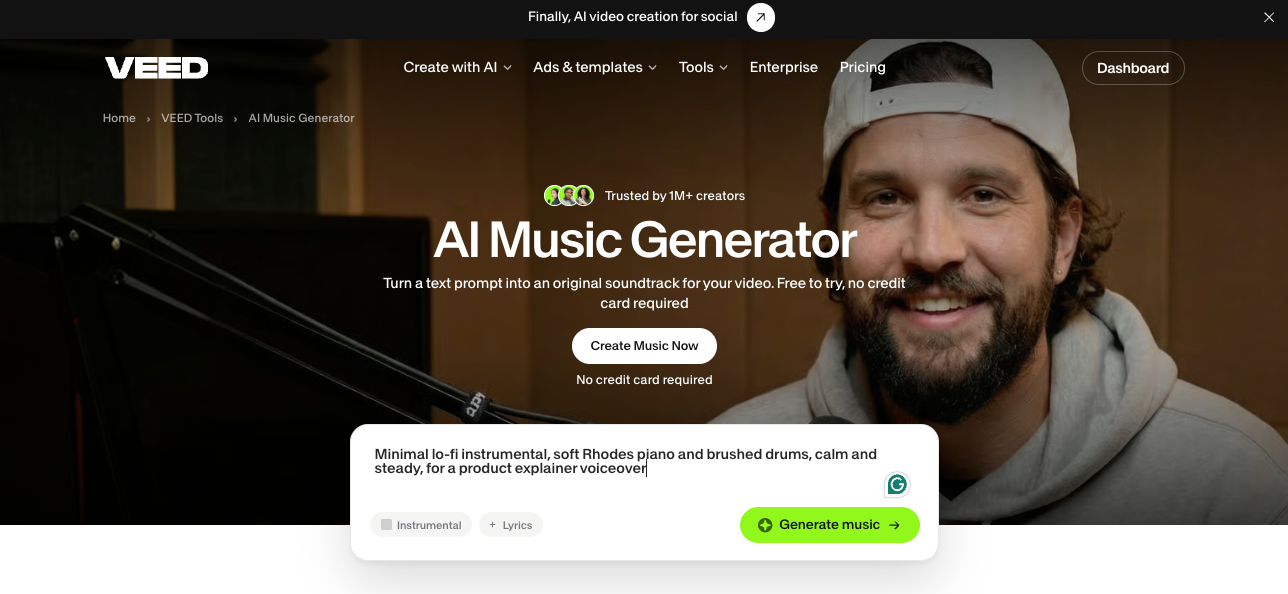 AI Music Generator landing page