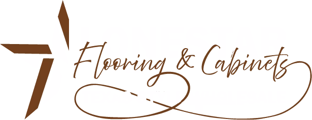 Brown stylized geometric logo with cursive text reading Flooring & Cabinets.