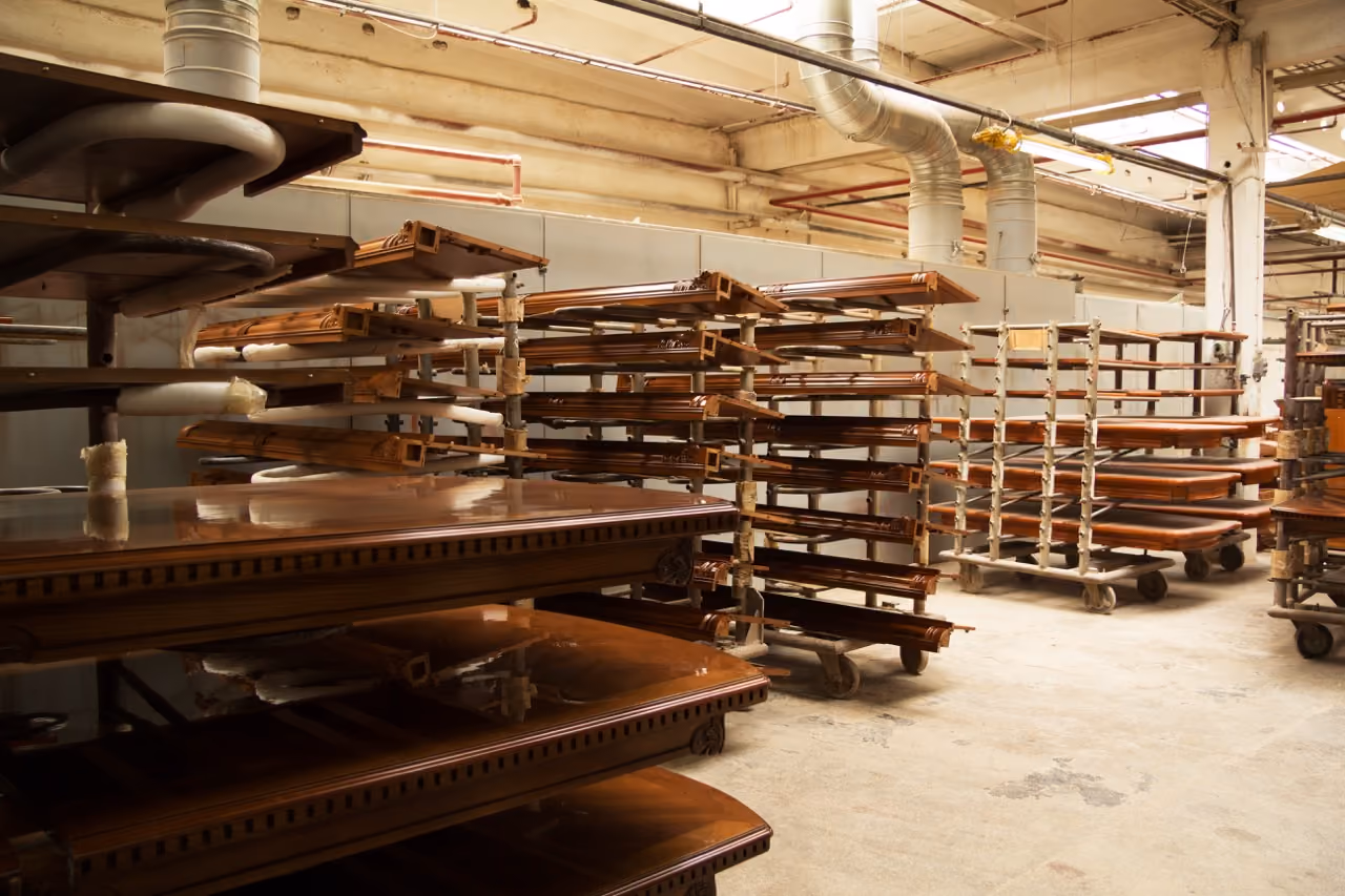 Large workshop with multiple racks holding polished wooden furniture parts.