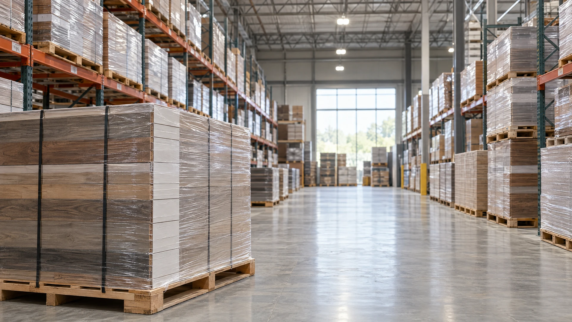 Stacked pallets of boxed flooring wrapped in plastic in a warehouse aisle, lit by overhead lights