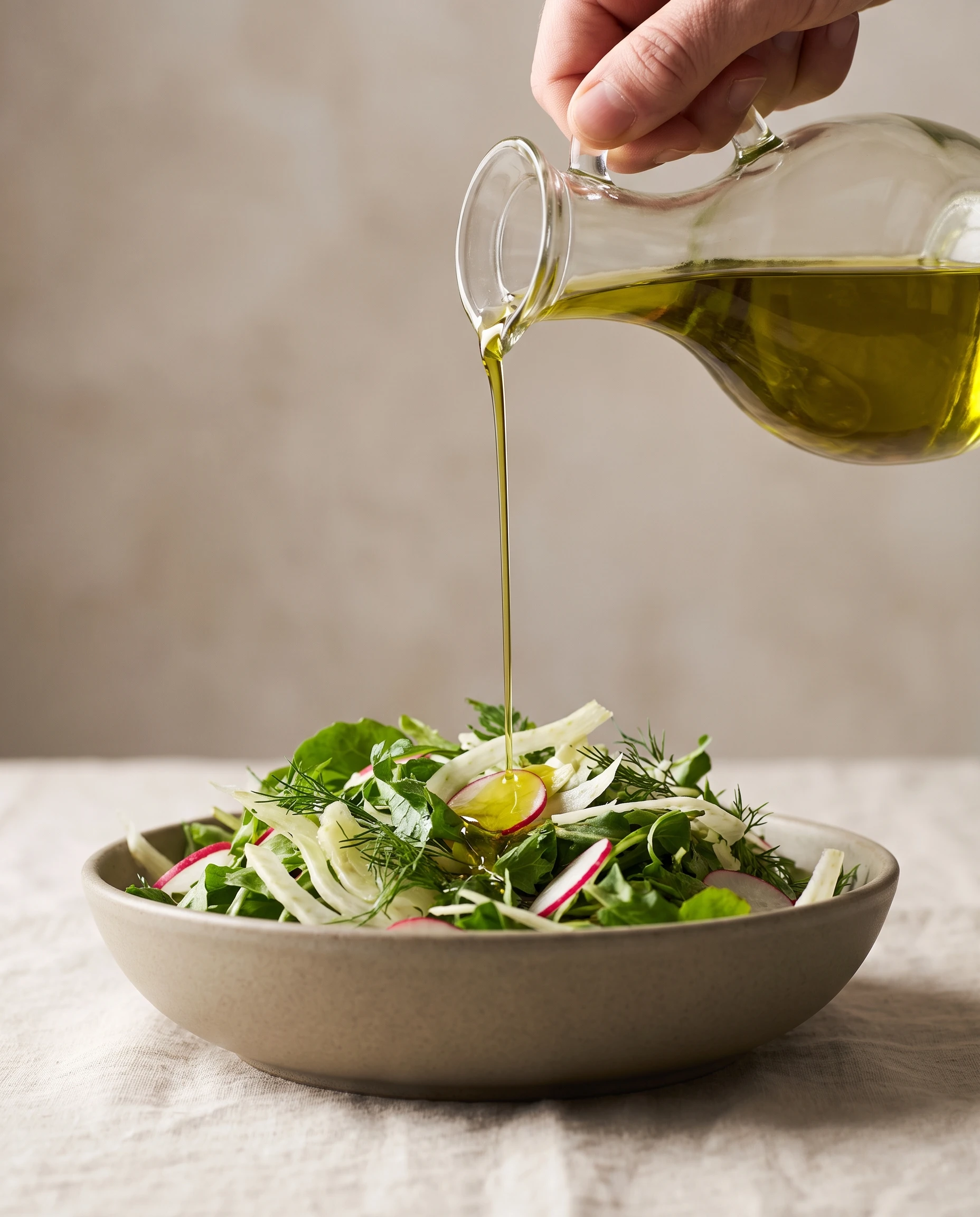 Azeite a ser regado sobre um prato de salada fresca