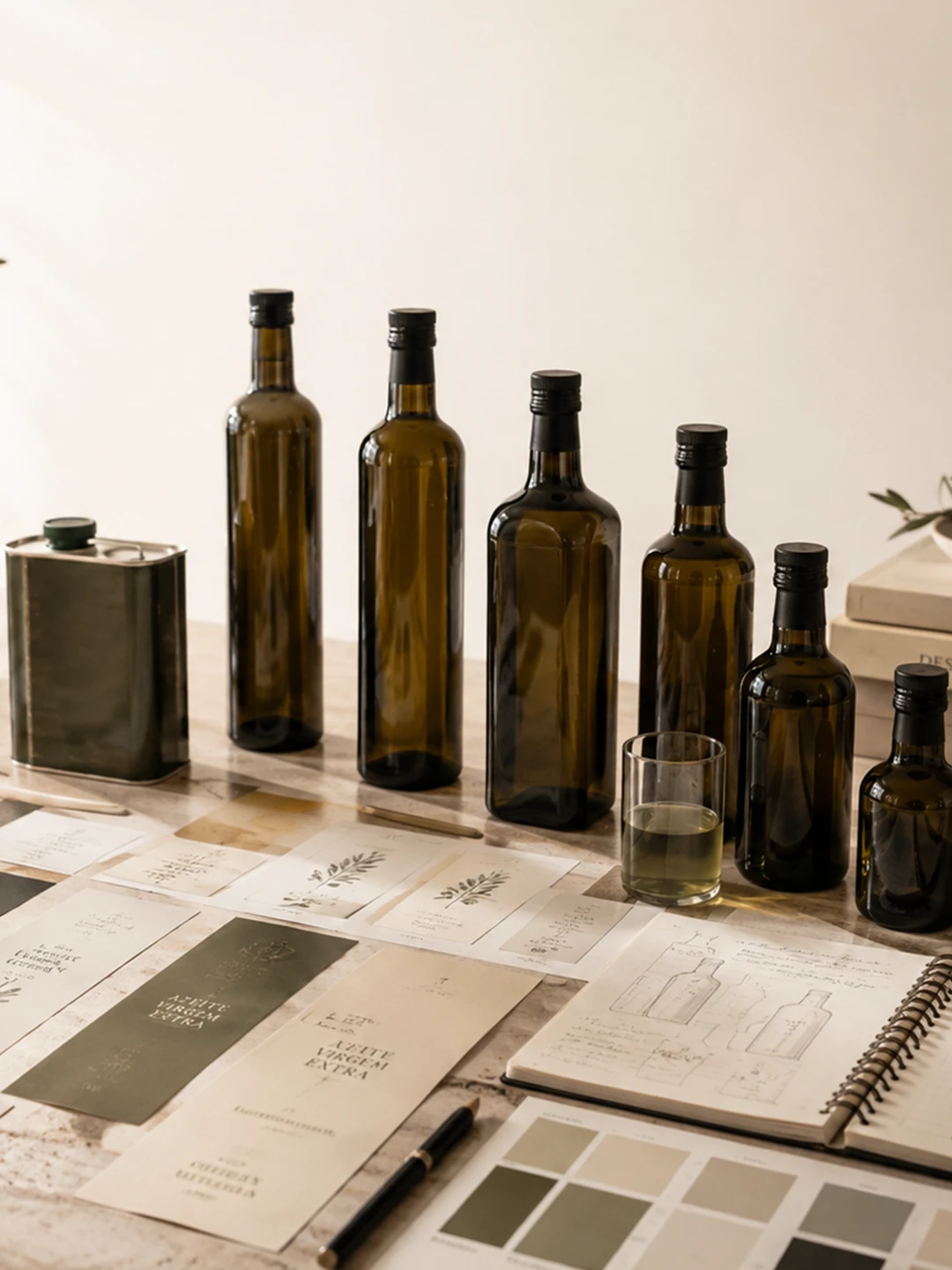 Garrafas de azeite alinhadas com amostras de rotulagem para marca própria