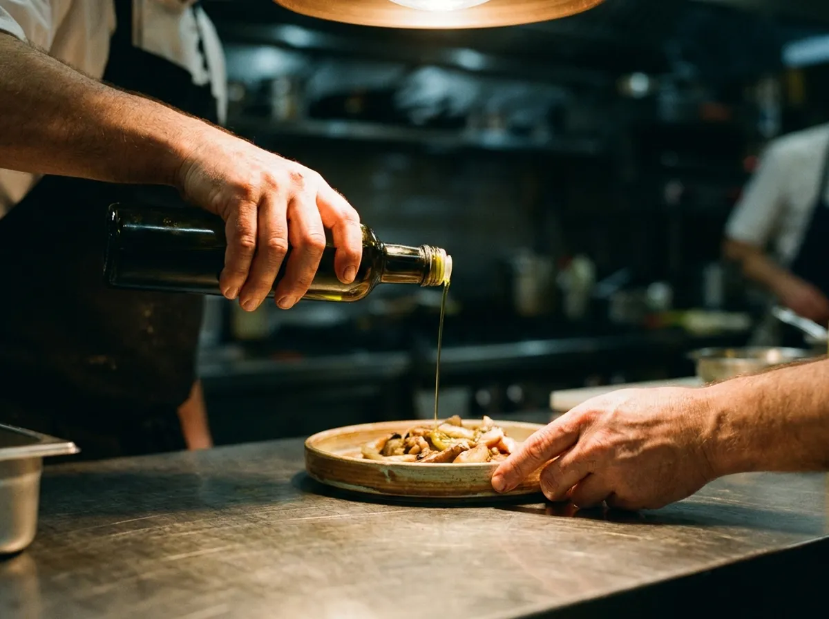 Chef a finalizar um prato com um fio de azeite numa cozinha profissional