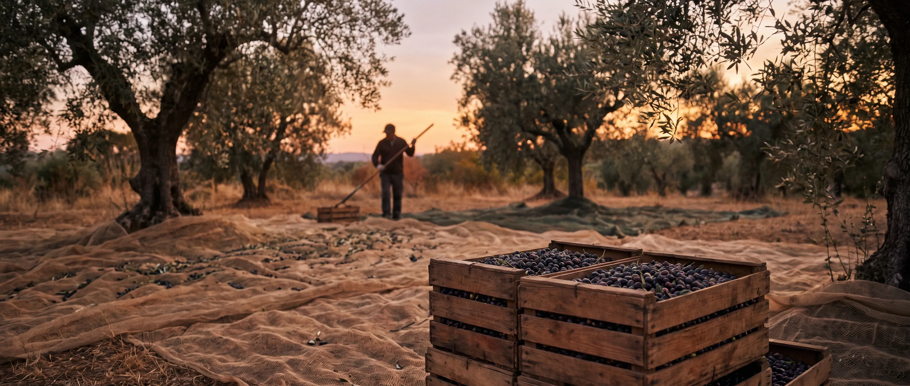 Olival ao entardecer, com produção de azeite ao ar livre