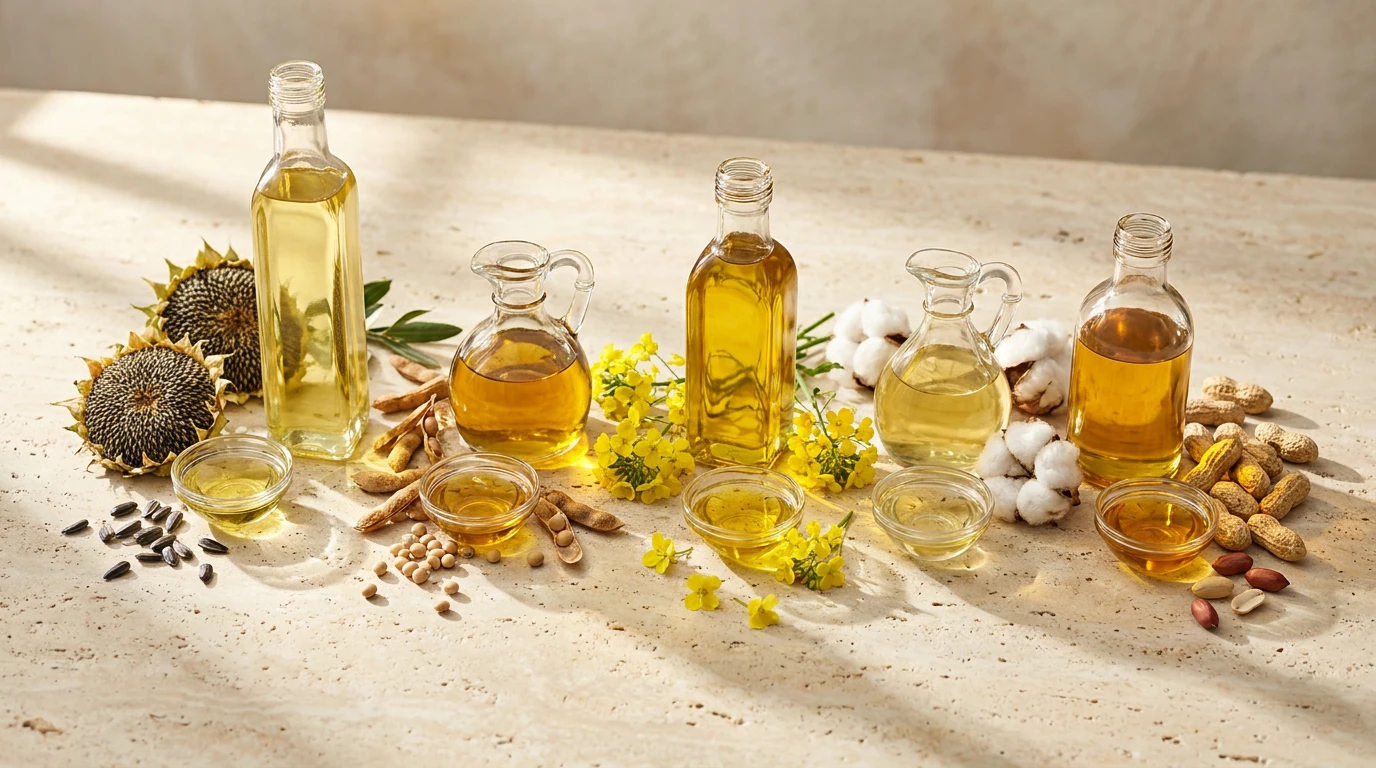Frascos de vidro com diferentes óleos alimentares e sementes