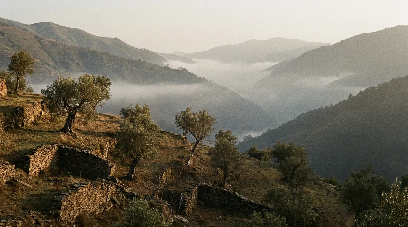 Paisagem de olival na serra, com neblina ao amanhecer
