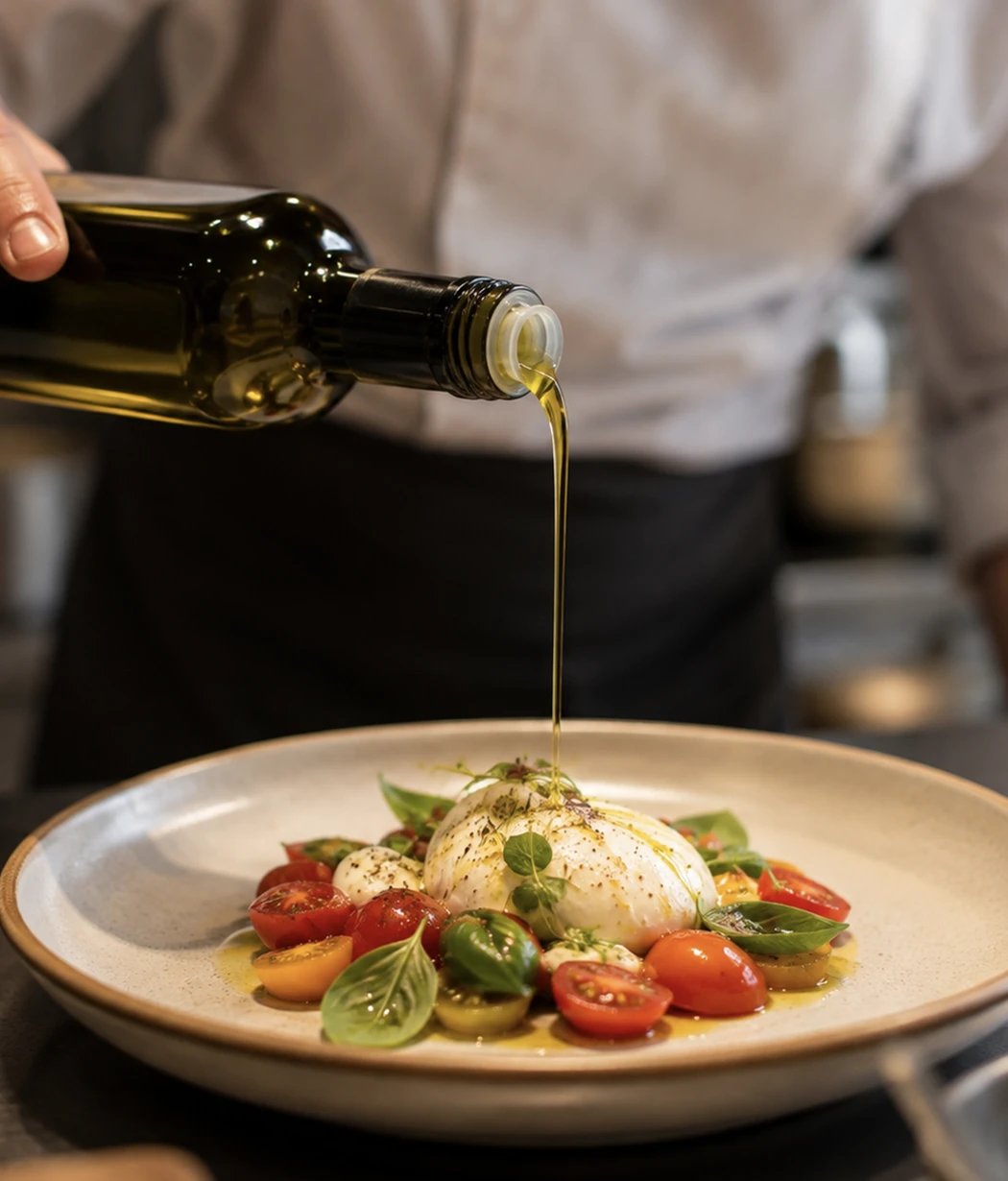 Chef a finalizar um prato com um fio de azeite