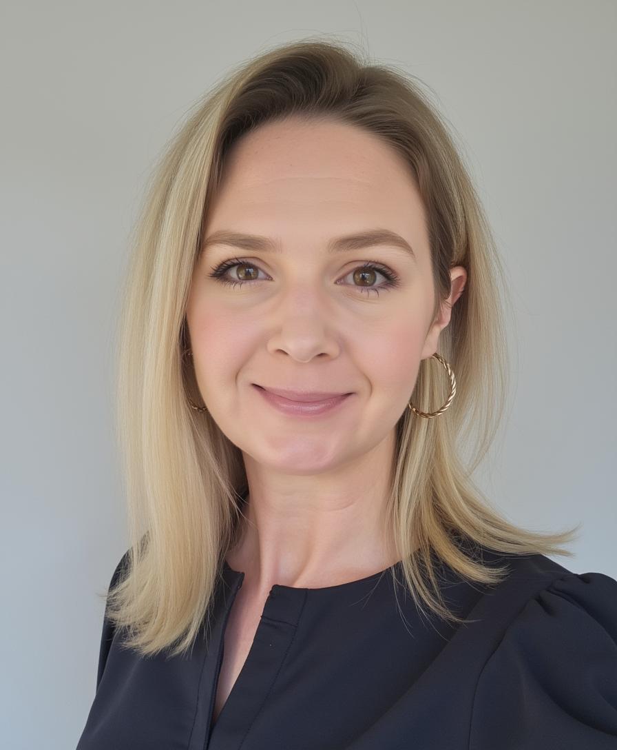Portrait of Beth D'Arcy, content strategist. A blonde woman with hoop earrings wearing black shirt, smiling at camera