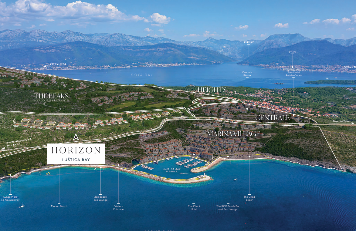 Aerial site plan of Luštica Bay marking the Horizon neighbourhood