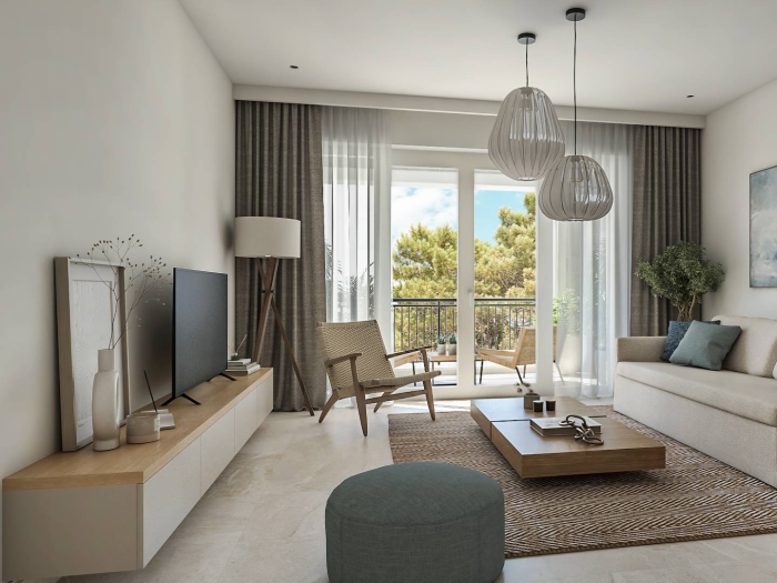Living room with a TV unit, sofa, pendant lights and balcony doors