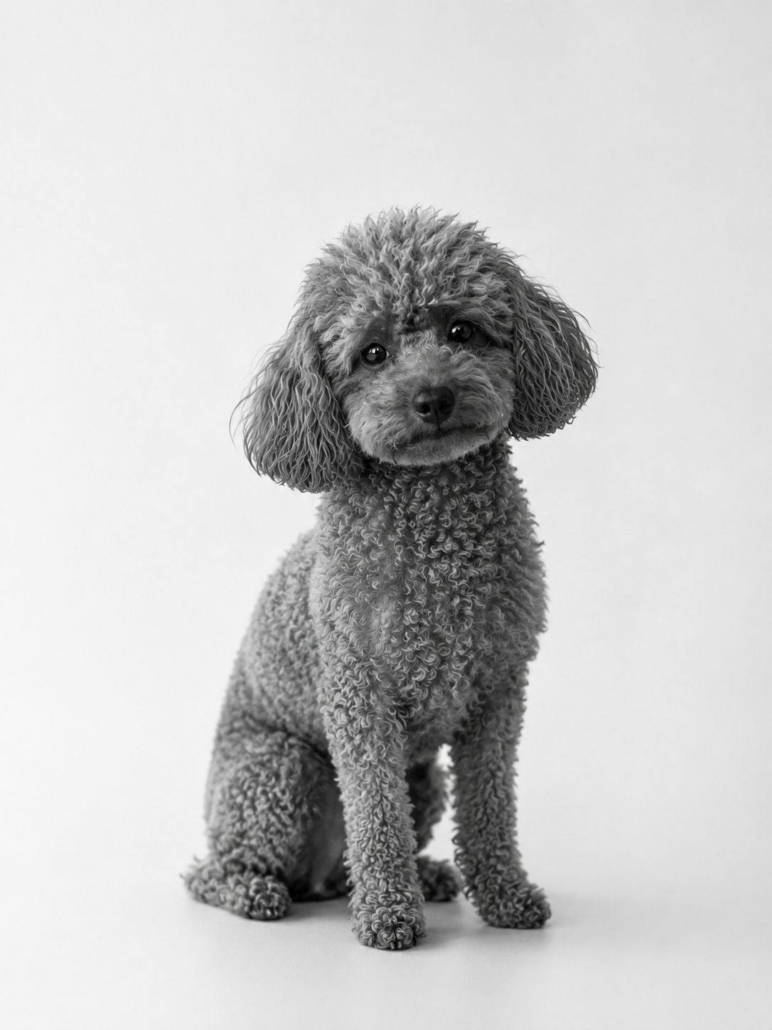 Black-and-white photograph of Don, the Adria Estates office dog, sitting