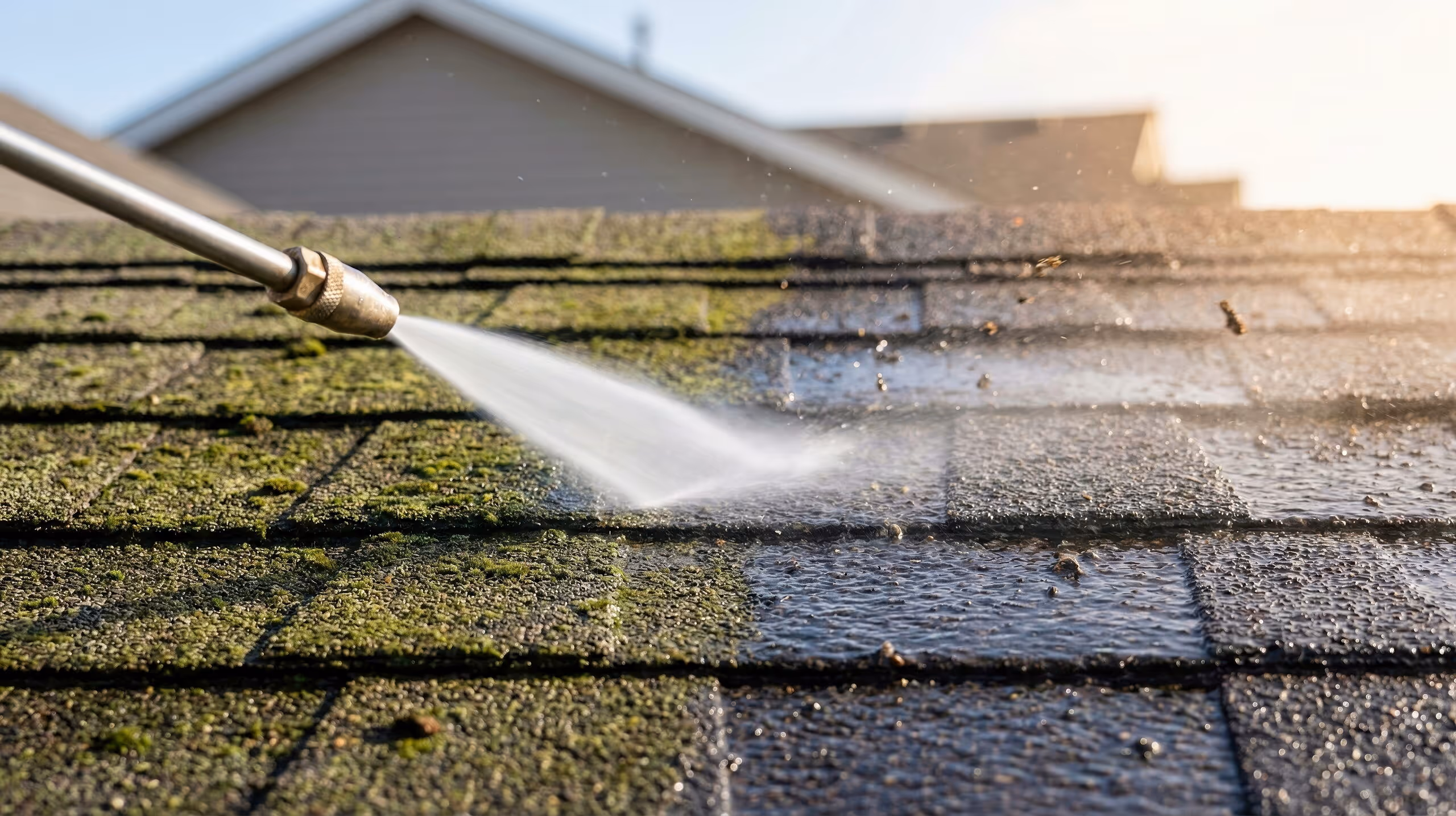 Roof soft washing to remove moss and algae in northern New Jersey