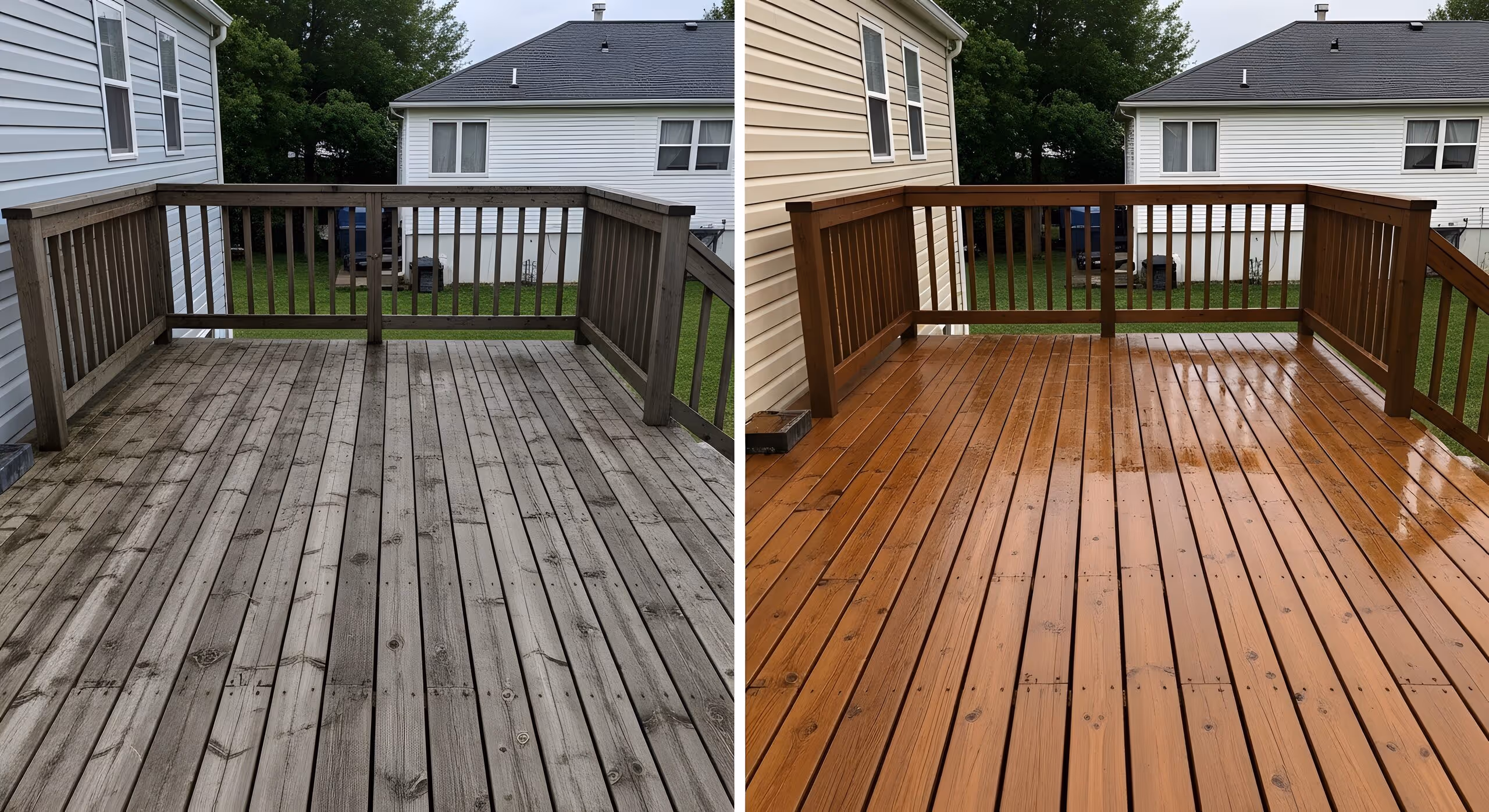 Deck before and after restoration by Nicky Blue Power Washing
