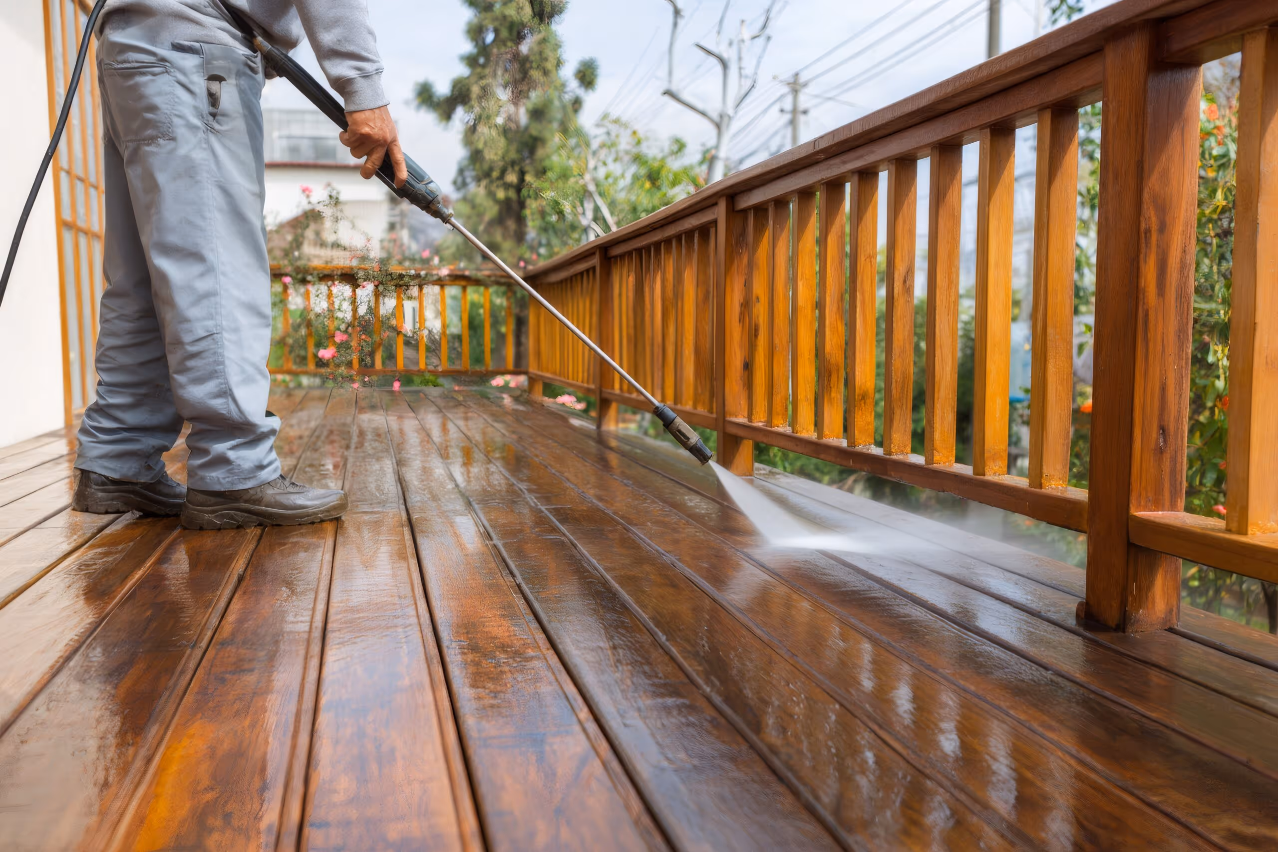 Deck cleaning at a home in Wanaque, NJ