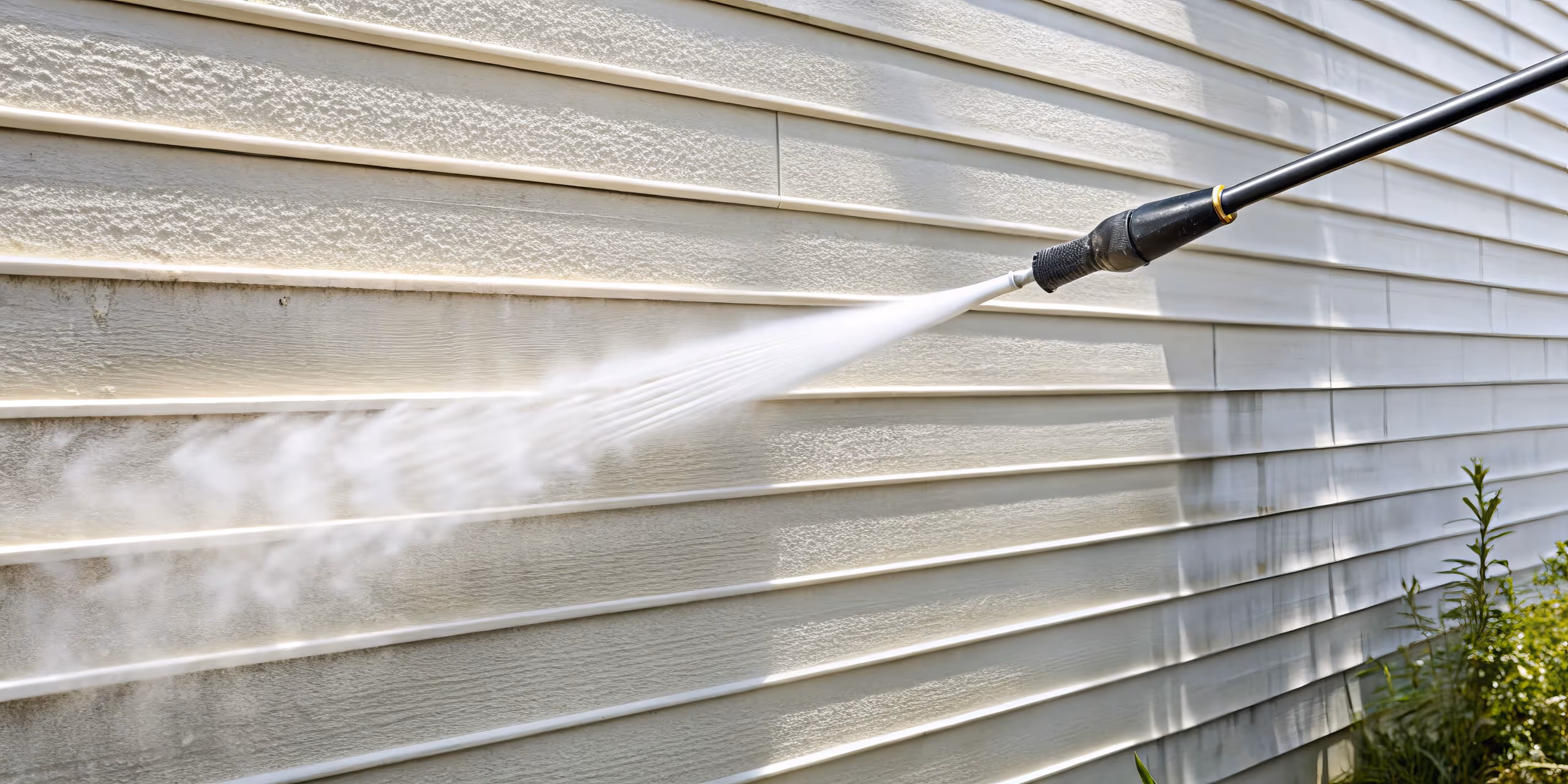 Green algae film being soft washed off shaded siding at a North Jersey home