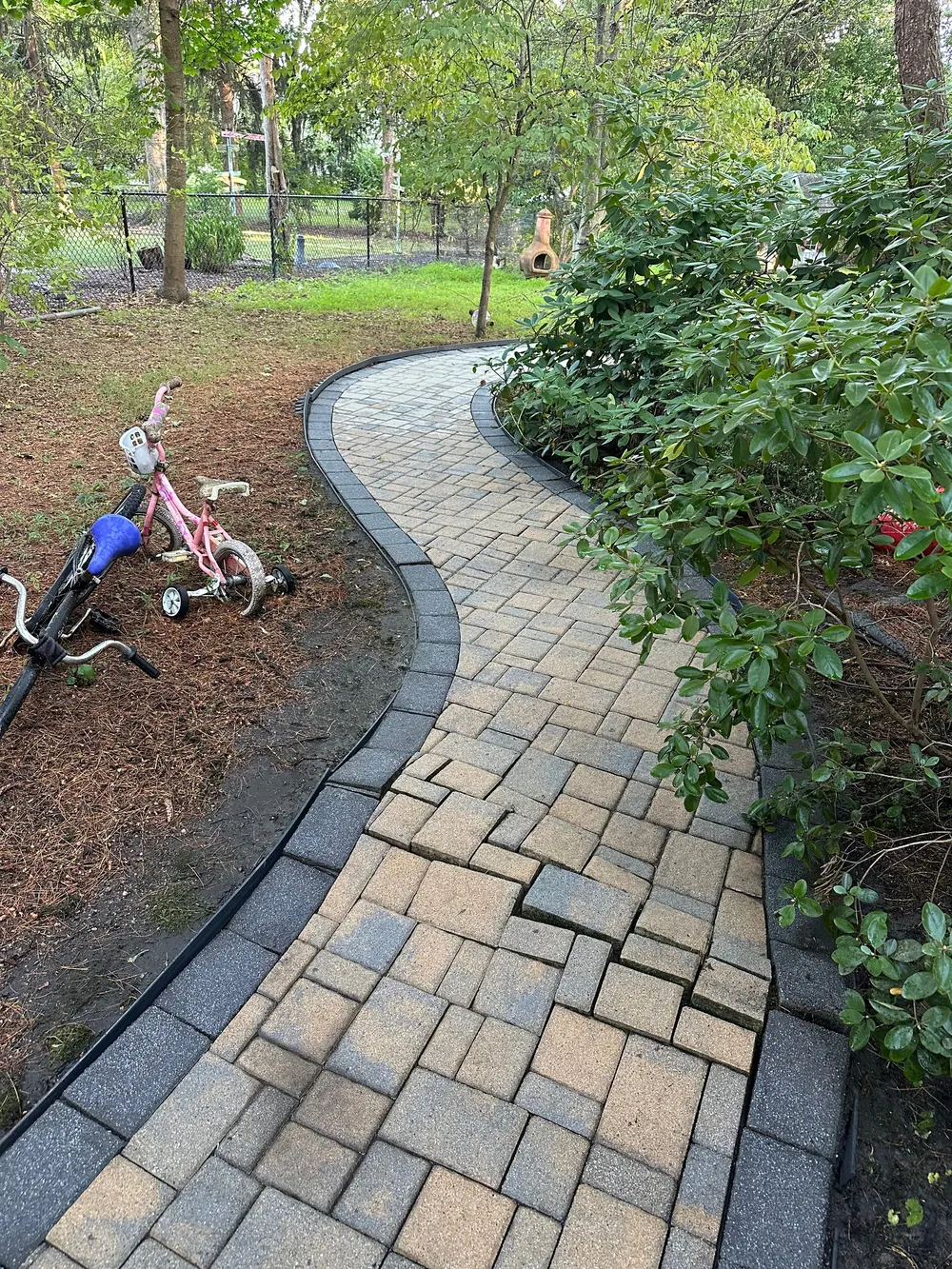 Curved paver walkway cleaned, every stone and border visible