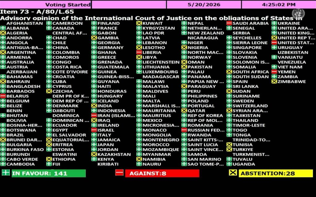 UNGA Resolution: Final Votes (141 In Favor, 8 Against, 28 Abstentions)