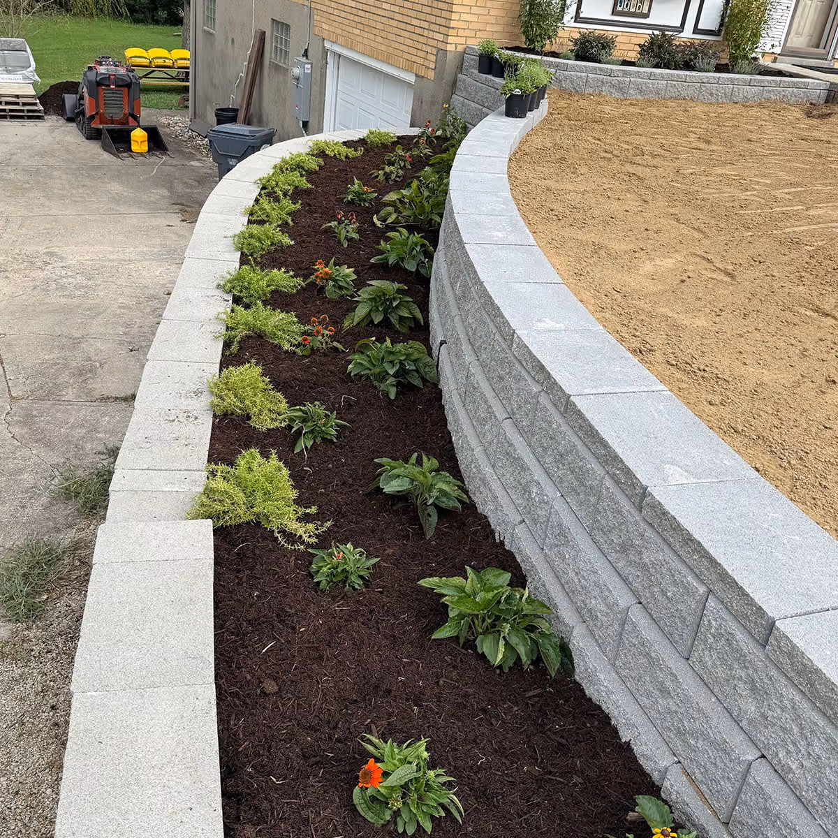 Triscapes landscaping installation with fresh plantings and defined garden beds for enhanced curb appeal