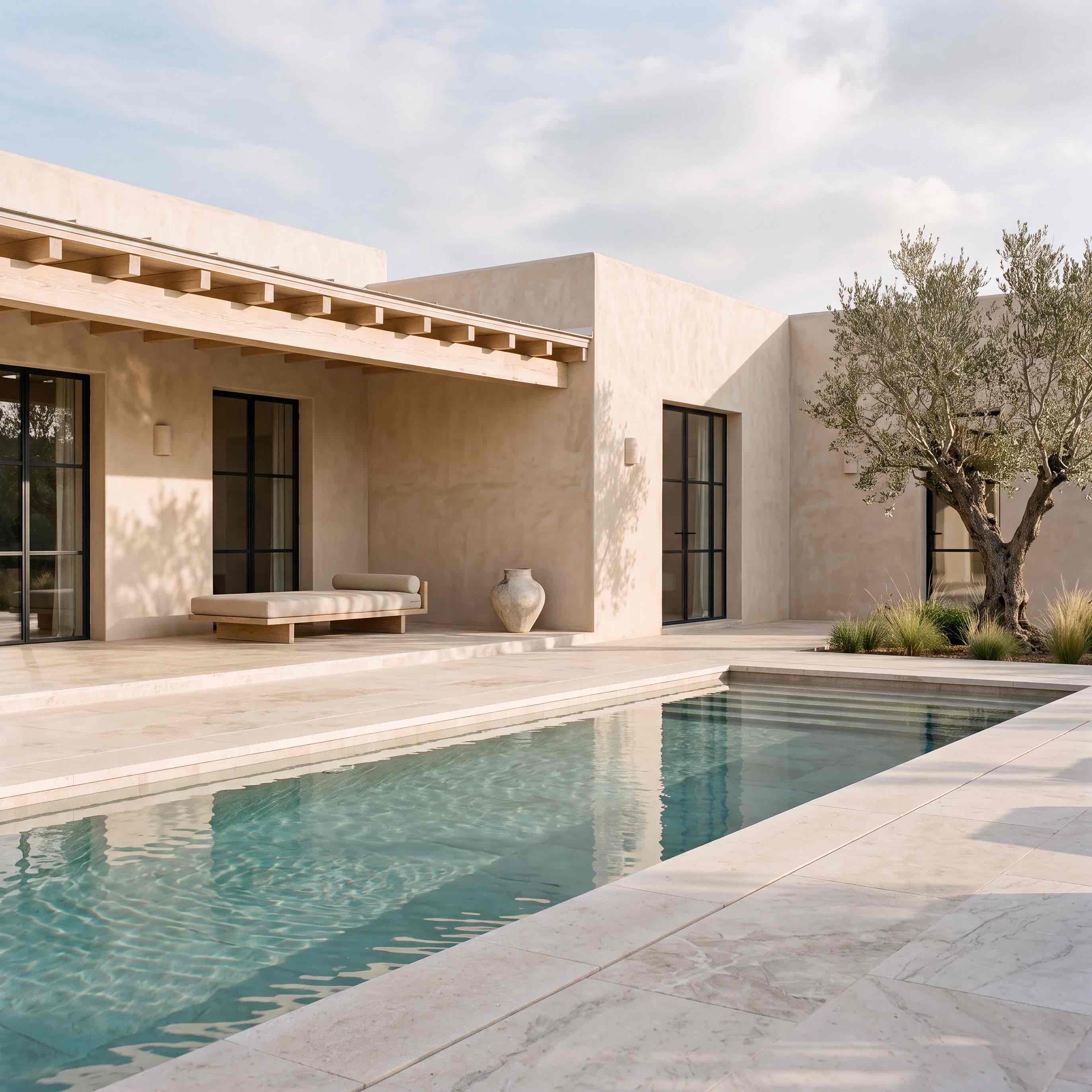 Exterior con piscina y olivo de villa reformada en Can Seren, Es Cubells, Ibiza