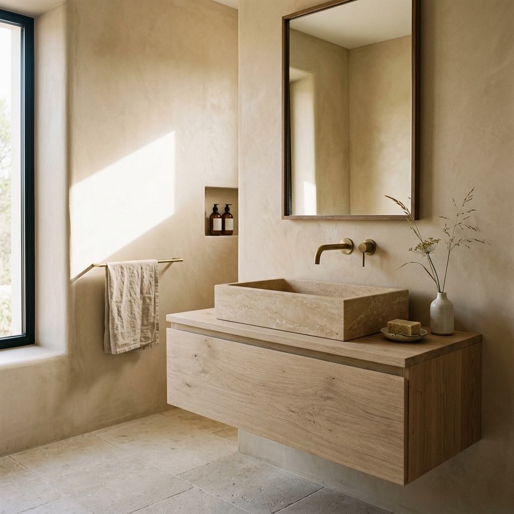 Baño de microcemento con lavabo de obra en Can Seren, Es Cubells, Ibiza