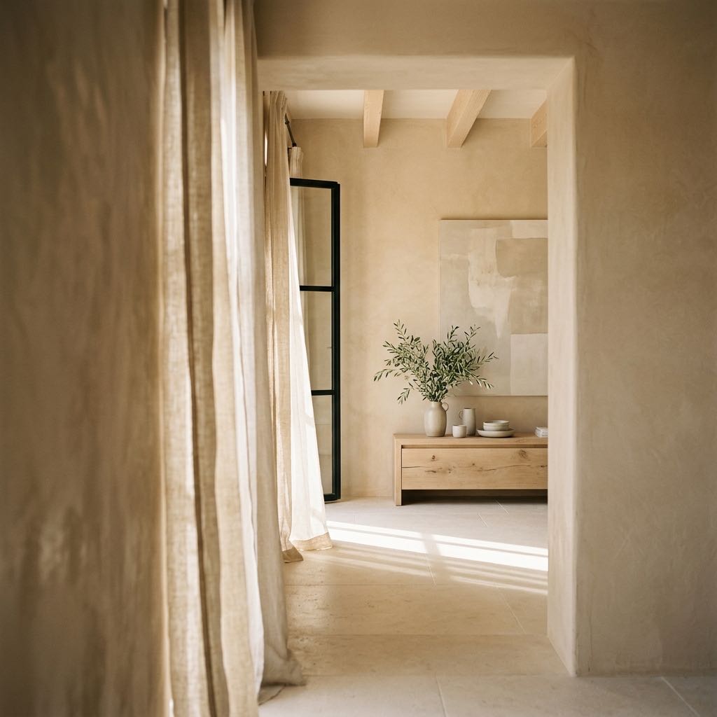 Pasillo con cortina de lino y luz natural en Can Seren, Es Cubells, Ibiza