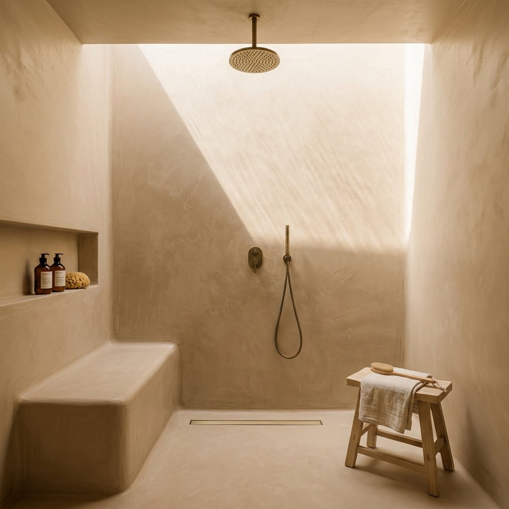 Ducha de microcemento con luz cenital en Can Seren, Es Cubells, Ibiza