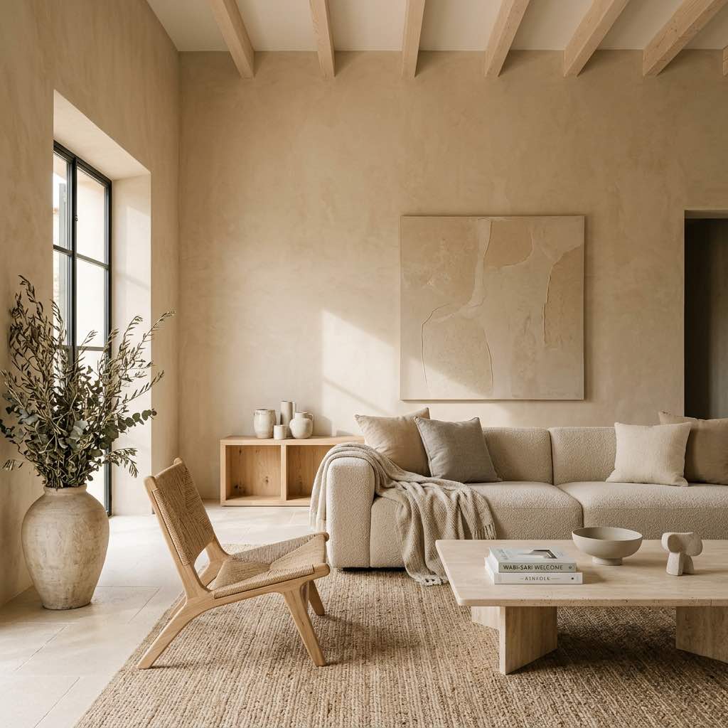 Salón en tonos naturales con sofá de lino en Can Seren, Es Cubells, Ibiza