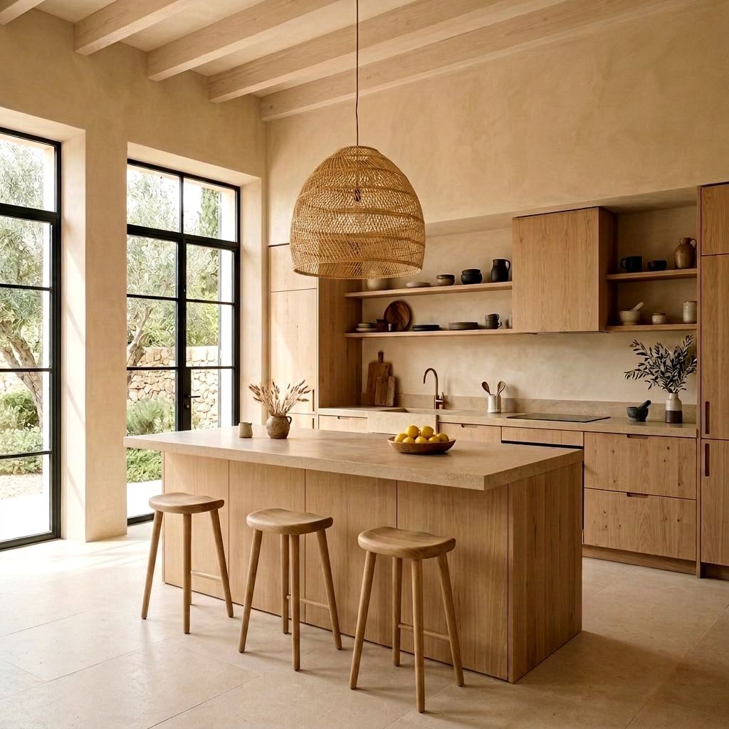 Cocina de roble con isla y piedra en Can Seren, Es Cubells, Ibiza