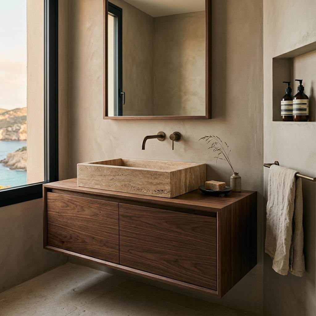 Baño de microcemento con lavabo de obra y vistas al mar en Àtic D, Cala Llenya, Ibiza