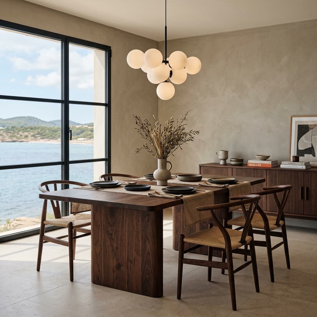 Comedor de nogal junto a ventanal con vistas al mar en Àtic D, Cala Llenya, Ibiza