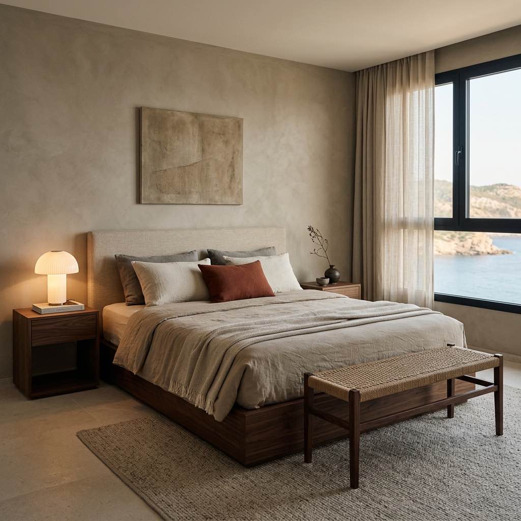 Dormitorio principal con vistas al mar en Àtic D, Cala Llenya, Ibiza