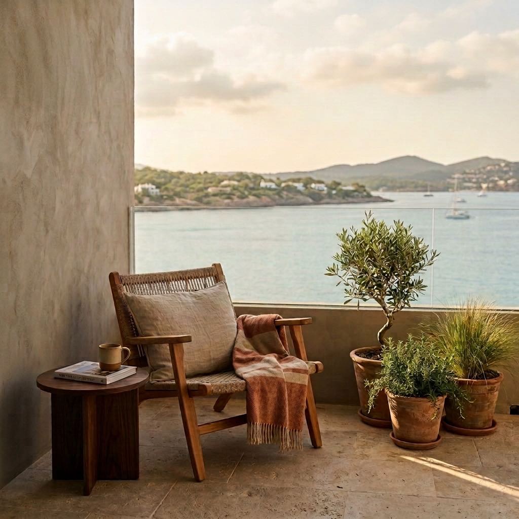 Rincón de lectura con vistas a la costa en Àtic D, Cala Llenya, Ibiza