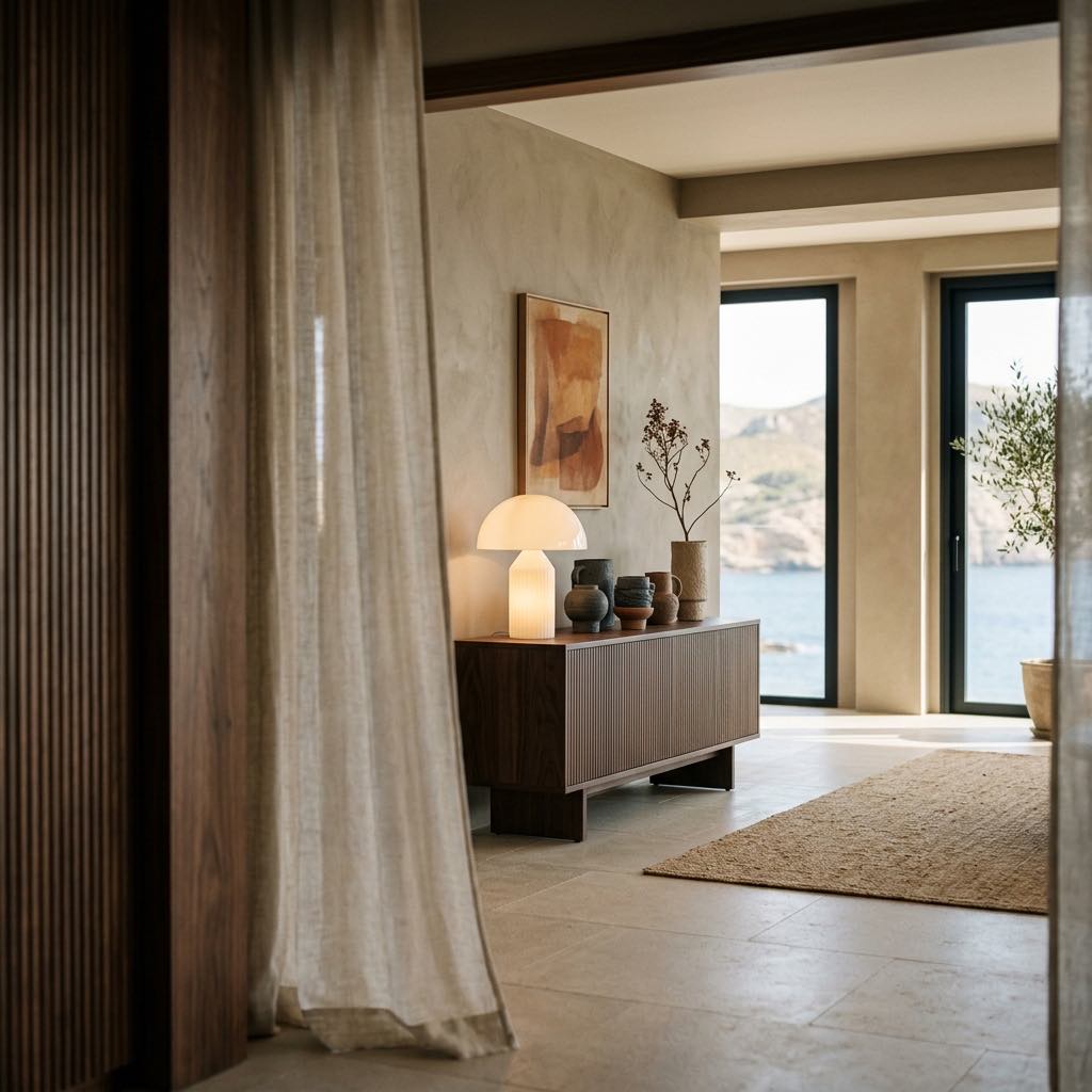 Distribuidor con cortina de lino y luz natural en Àtic D, Cala Llenya, Ibiza