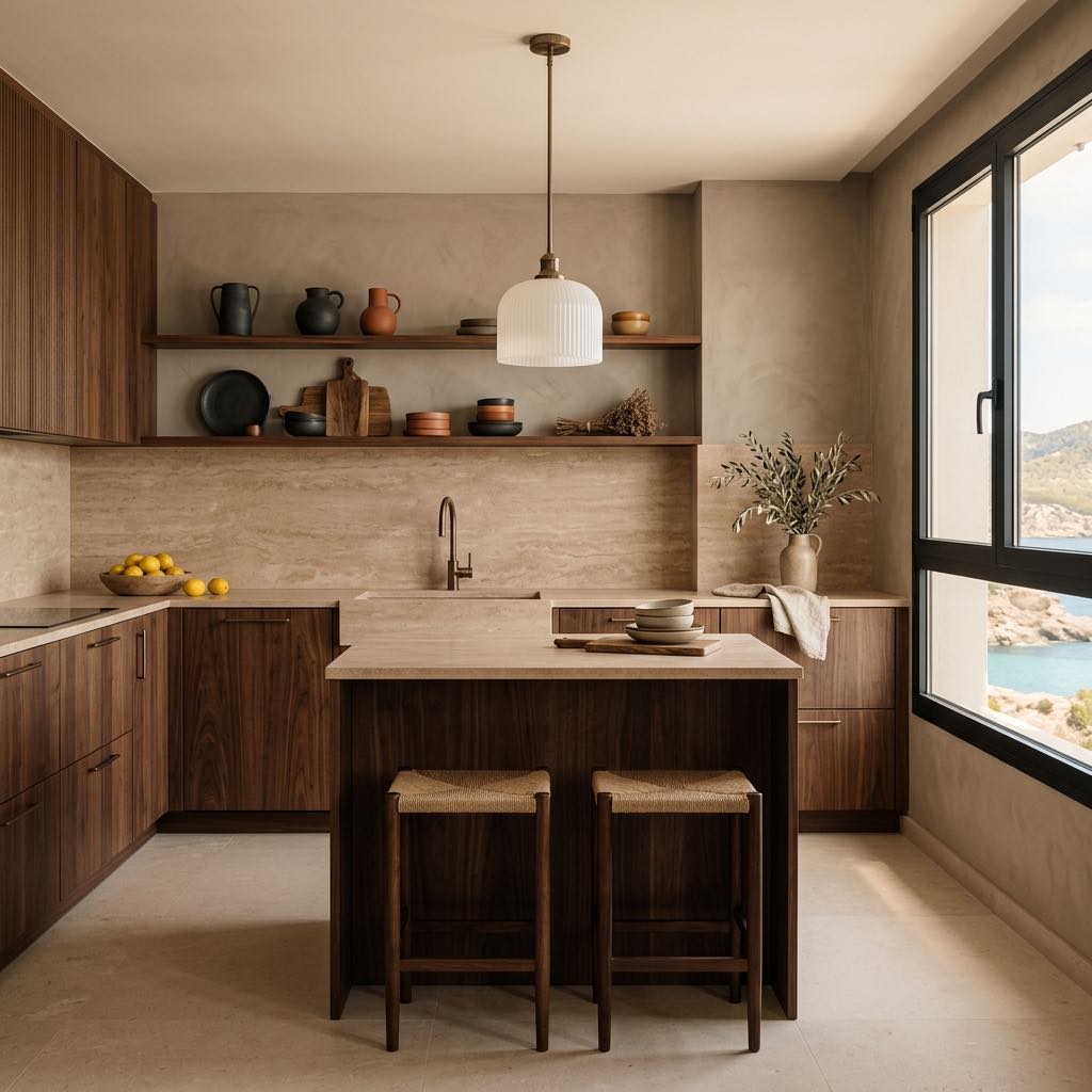 Cocina de nogal con isla y vistas a la costa en Àtic D, Cala Llenya, Ibiza
